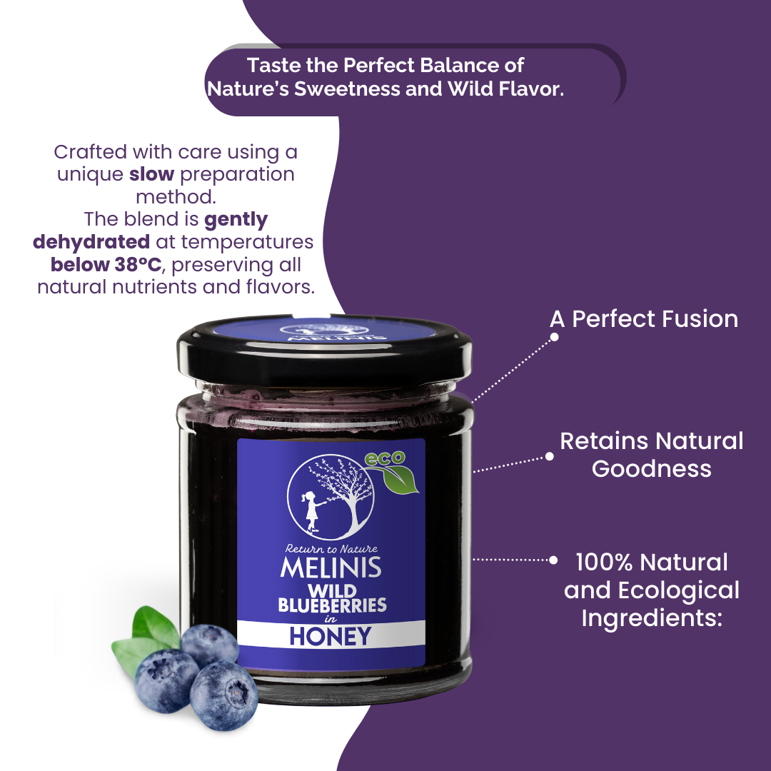 Melinis Wild Blueberries (Bilberries) – Raw and Organic Honey with Wild Blueberries, 230g | Unique Cold-Processed Delicacy | Perfect for Desserts and Special Gifts