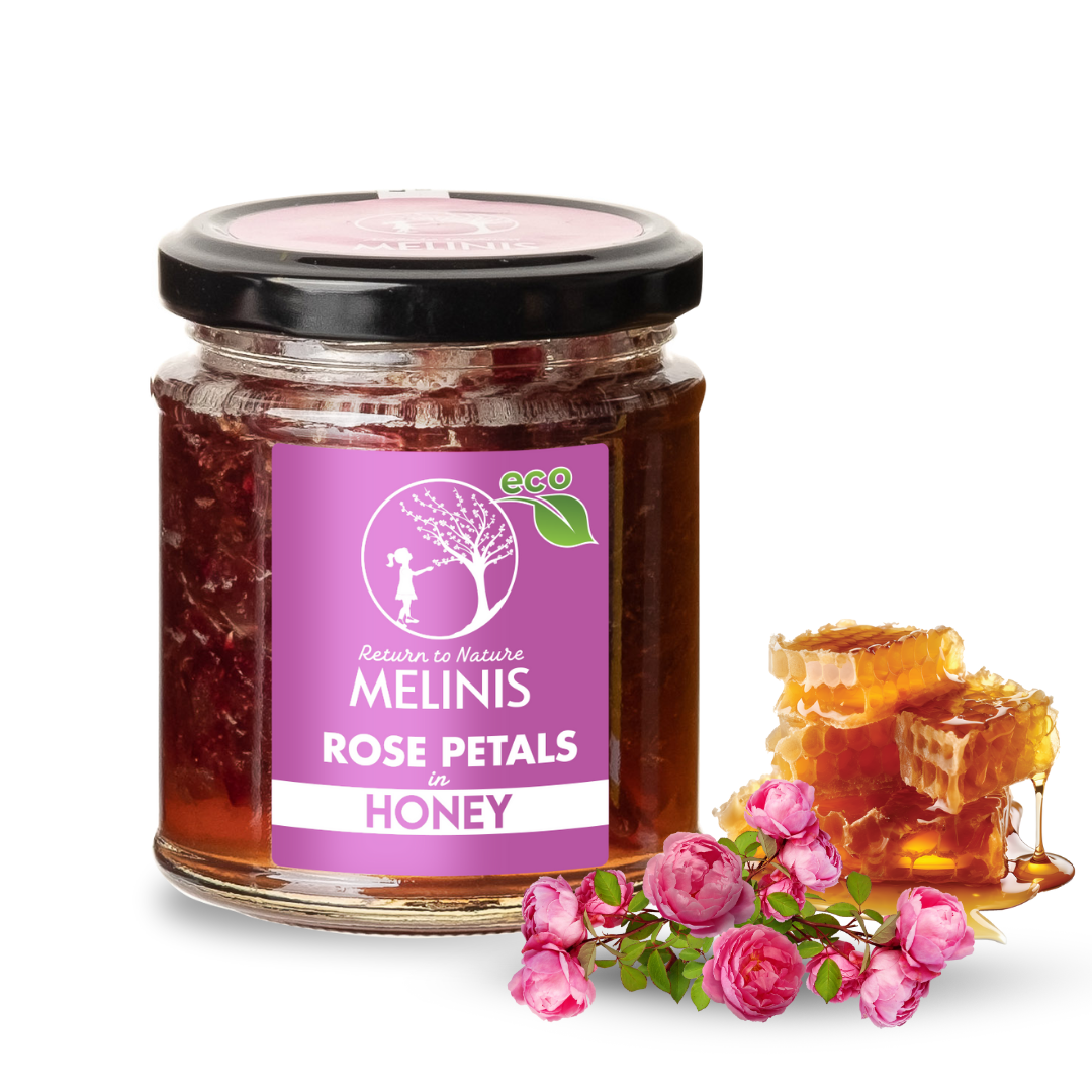 Melinis Precious Rose – 230g | Raw Organic Acacia Honey with Fresh Damascus Rose Petals | Exquisite Cold-Processed Gourmet Delight