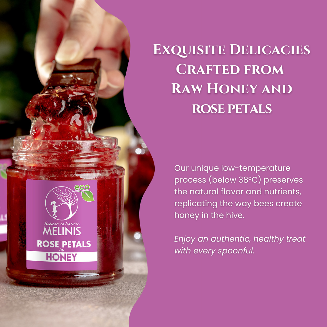 Melinis Precious Rose – 230g | Raw Organic Acacia Honey with Fresh Damascus Rose Petals | Exquisite Cold-Processed Gourmet Delight