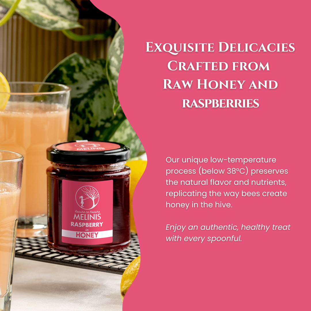 Melinis Refreshing Raspberry – 230g | Raw Organic Acacia Honey with Fresh Raspberry Pulp | Exquisite Cold-Processed Gourmet Delight