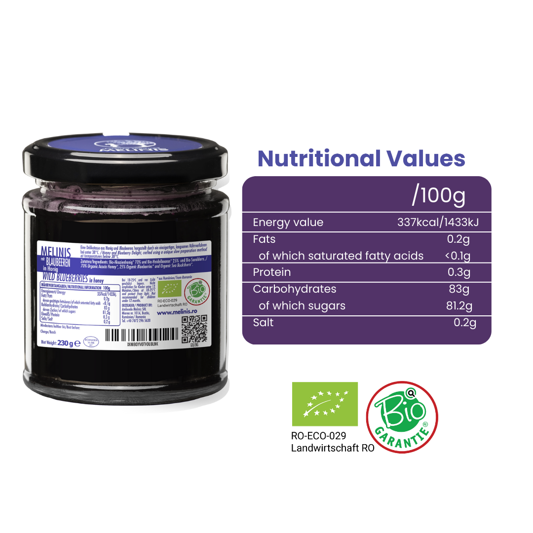 Melinis Wild Blueberries (Bilberries) – Raw and Organic Honey with Wild Blueberries, 230g | Unique Cold-Processed Delicacy | Perfect for Desserts and Special Gifts