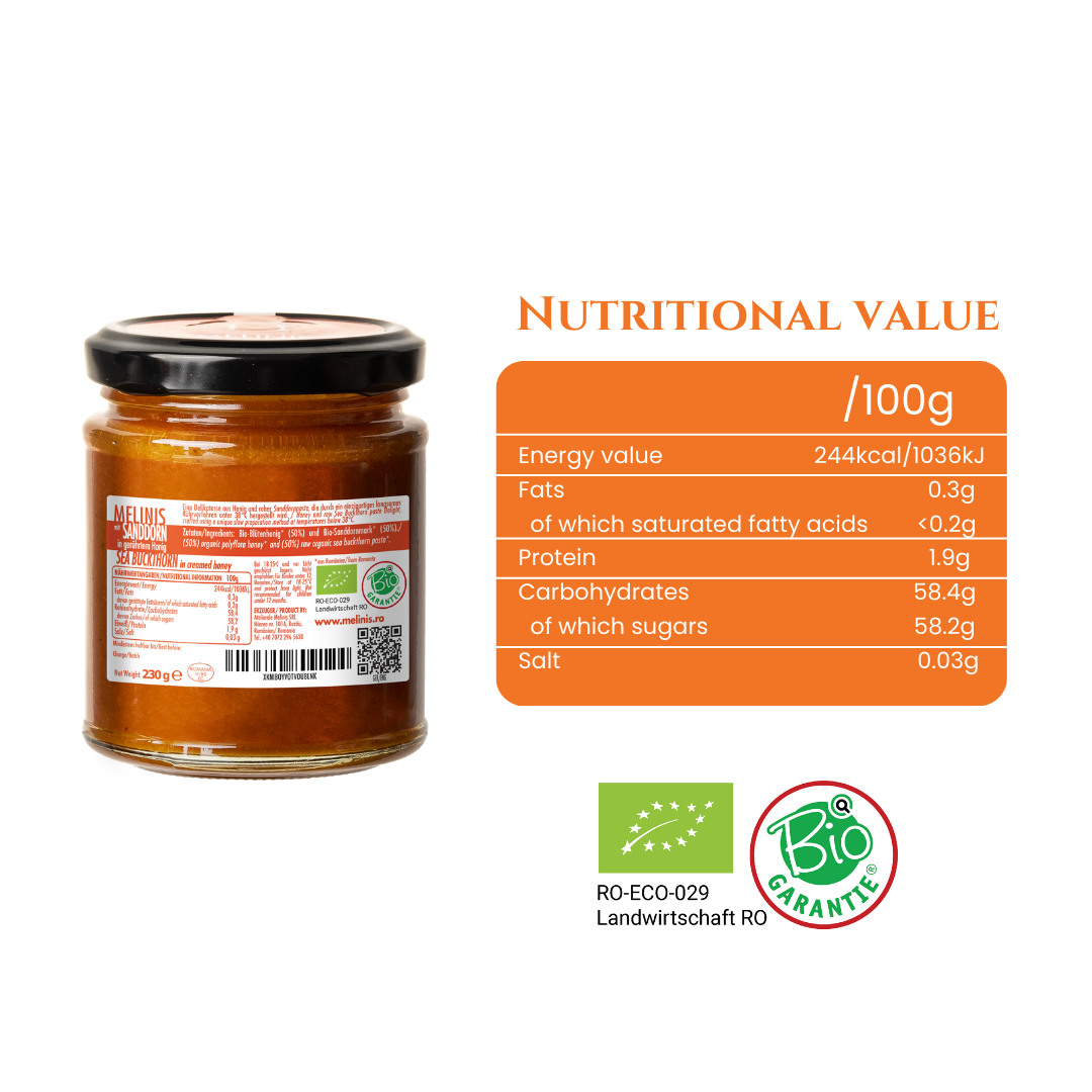 Melinis Sea Buckthorn Cream – 230g | Raw and Organic Honey with ECO Sea Buckthorn | Unique Cold-Processed Spread