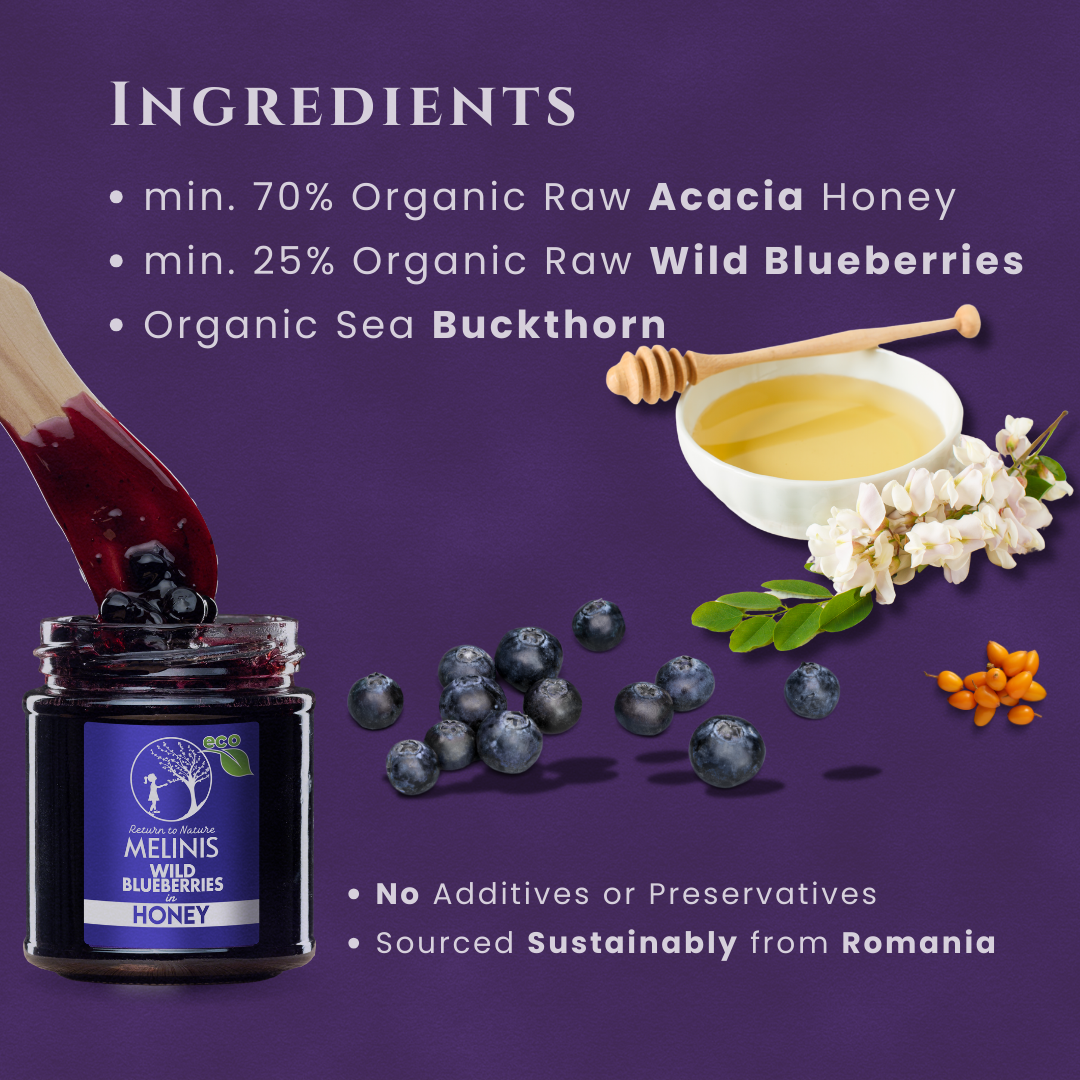 Melinis Wild Blueberries (Bilberries) – Raw and Organic Honey with Wild Blueberries, 230g | Unique Cold-Processed Delicacy | Perfect for Desserts and Special Gifts