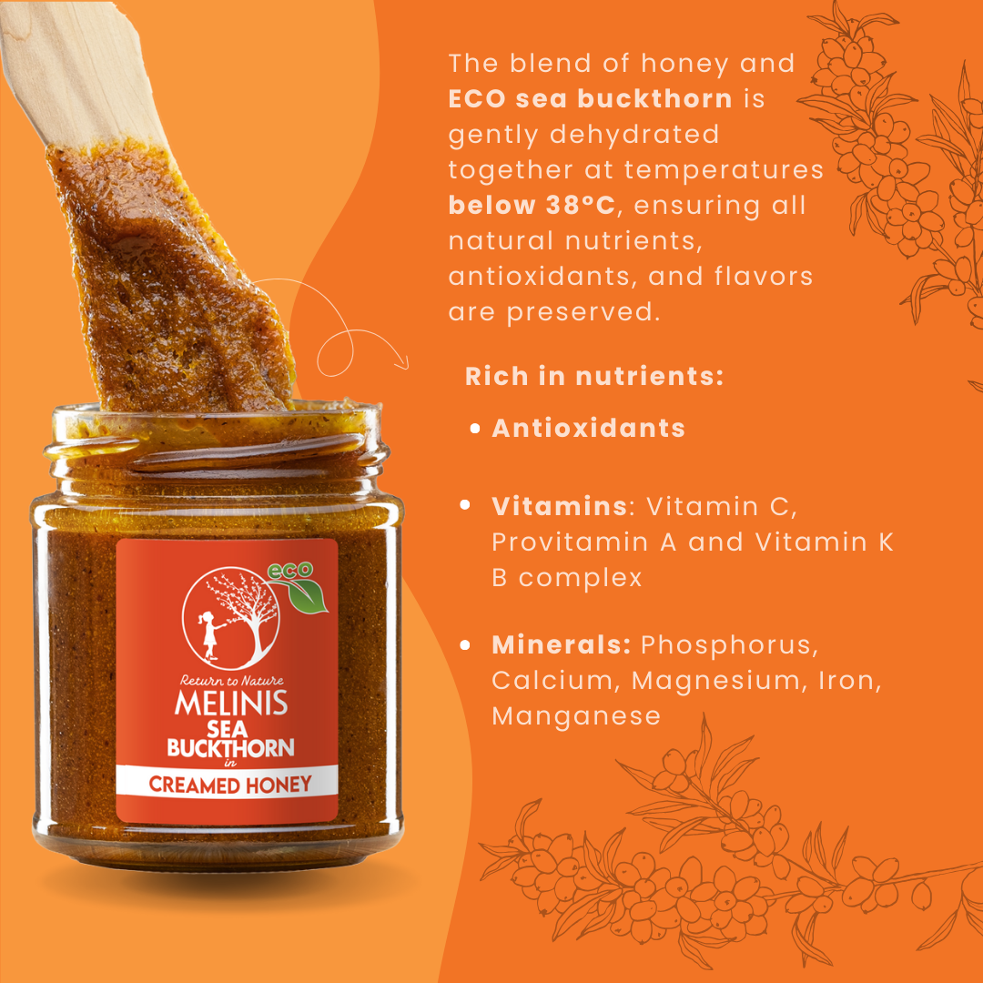 Melinis Sea Buckthorn Cream – 230g | Raw and Organic Honey with ECO Sea Buckthorn | Unique Cold-Processed Spread