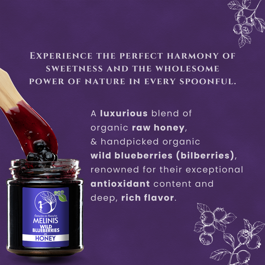 Melinis Wild Blueberries (Bilberries) – Raw and Organic Honey with Wild Blueberries, 230g | Unique Cold-Processed Delicacy | Perfect for Desserts and Special Gifts