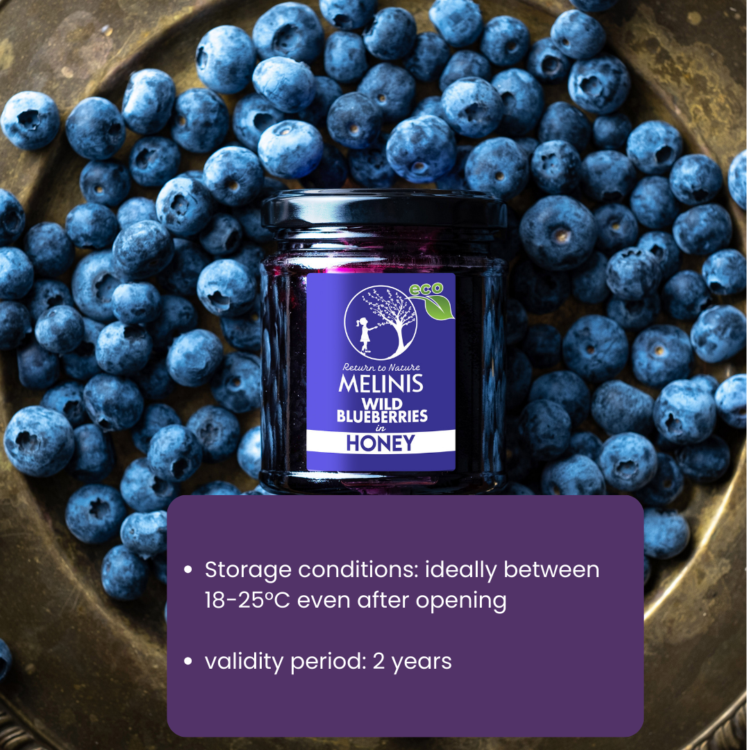 Melinis Wild Blueberries (Bilberries) – Raw and Organic Honey with Wild Blueberries, 230g | Unique Cold-Processed Delicacy | Perfect for Desserts and Special Gifts