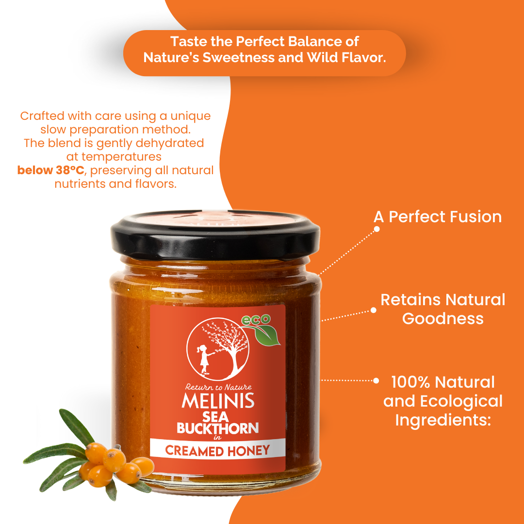 Melinis Sea Buckthorn Cream – 230g | Raw and Organic Honey with ECO Sea Buckthorn | Unique Cold-Processed Spread
