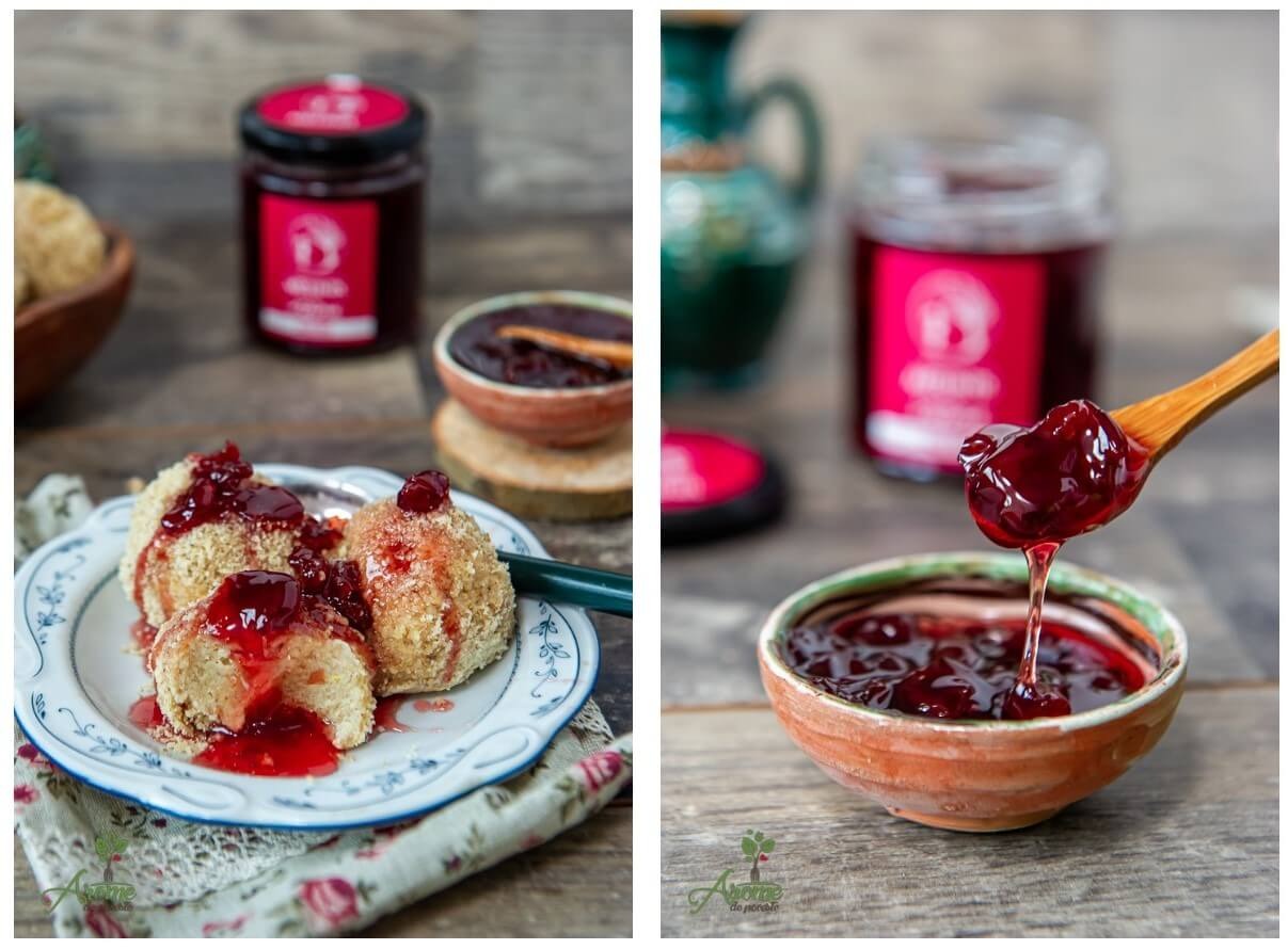 Boiled papanasi with cheese, walnuts and sour cherry melinis – sugar-free