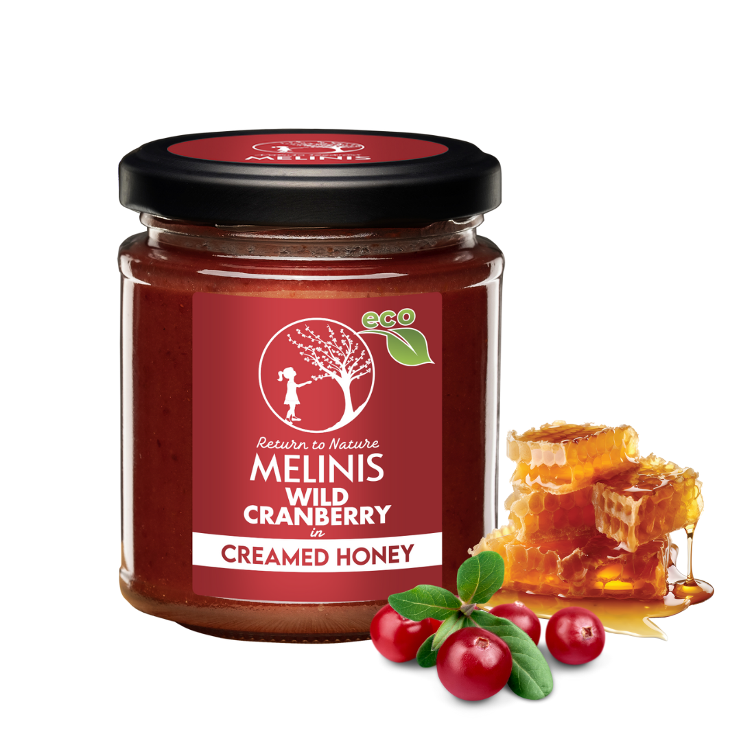 Melinis Cranberry Cream – 230g | Raw and Organic Honey with Wild Cranberries | Unique Cold-Processed Spread