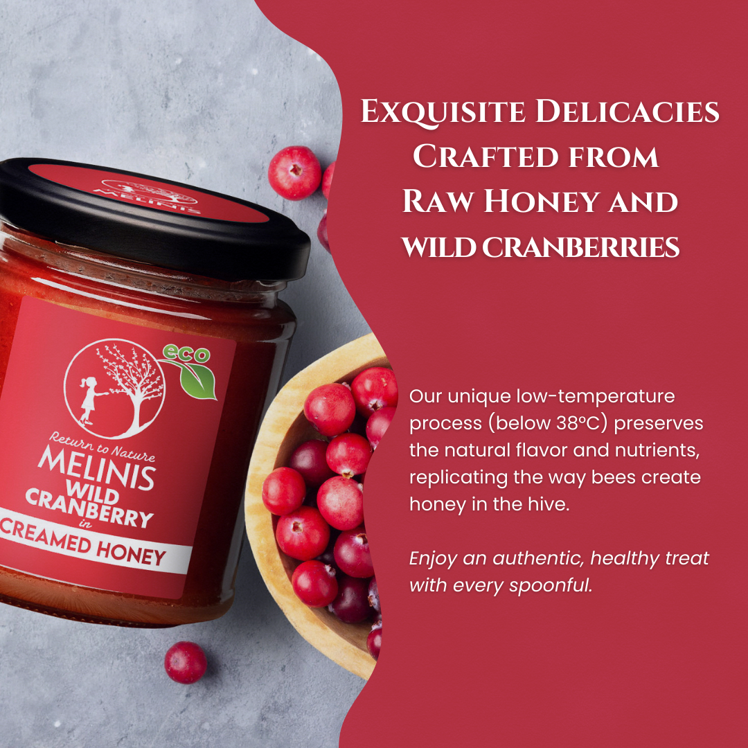 Melinis Cranberry Cream – 230g | Raw and Organic Honey with Wild Cranberries | Unique Cold-Processed Spread