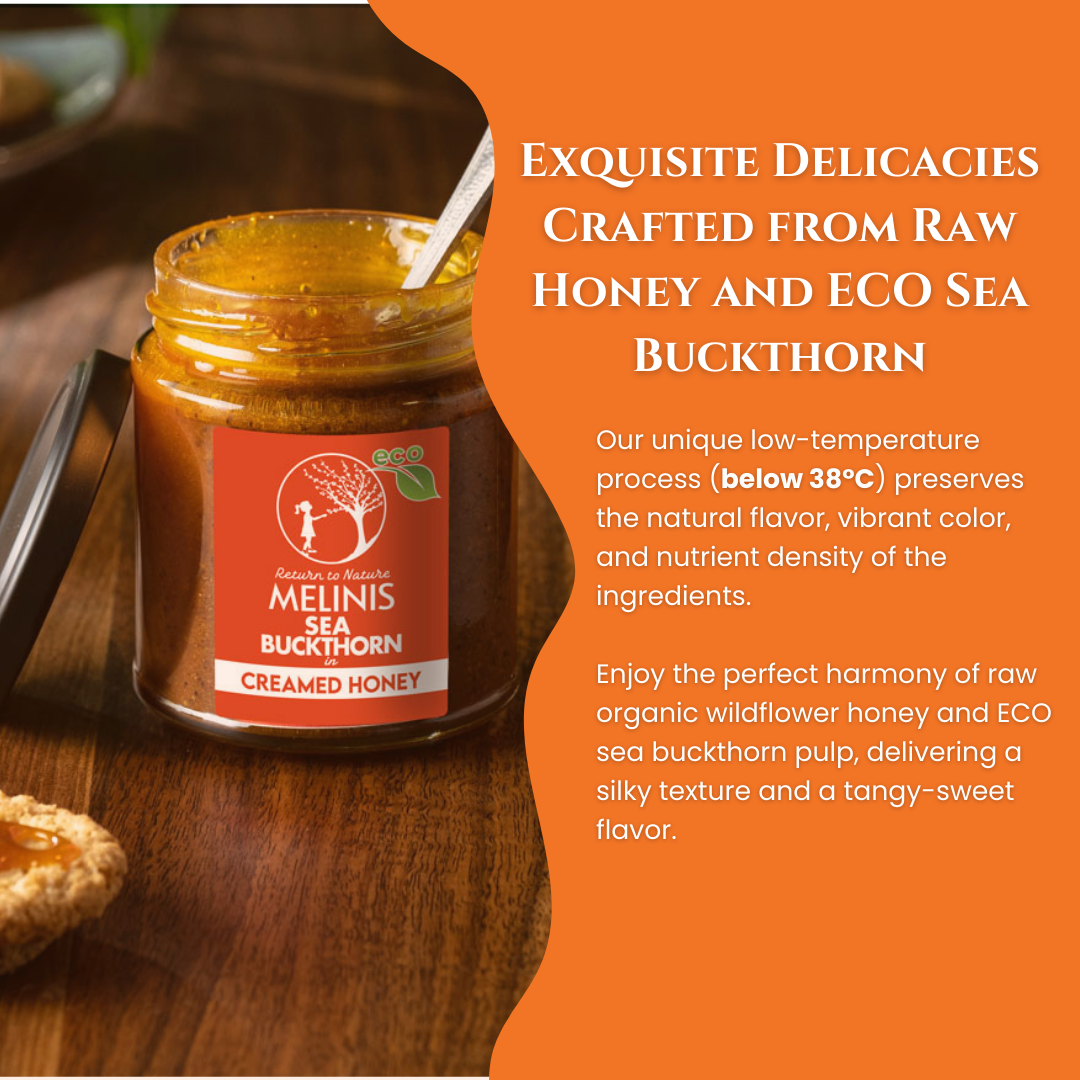 Melinis Sea Buckthorn Cream – 230g | Raw and Organic Honey with ECO Sea Buckthorn | Unique Cold-Processed Spread