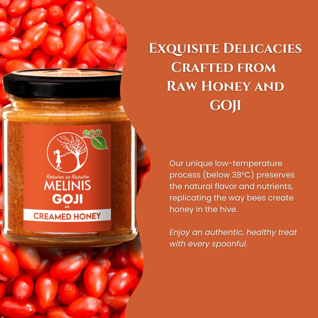 Melinis Goji Cream – 230g | Raw and Organic Honey with Organic Goji Berries | Unique Cold-Processed Spread