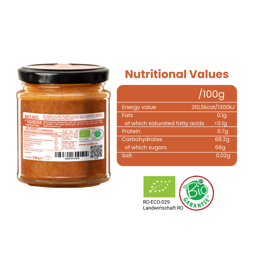 Melinis Goji Cream – 230g | Raw and Organic Honey with Organic Goji Berries | Unique Cold-Processed Spread