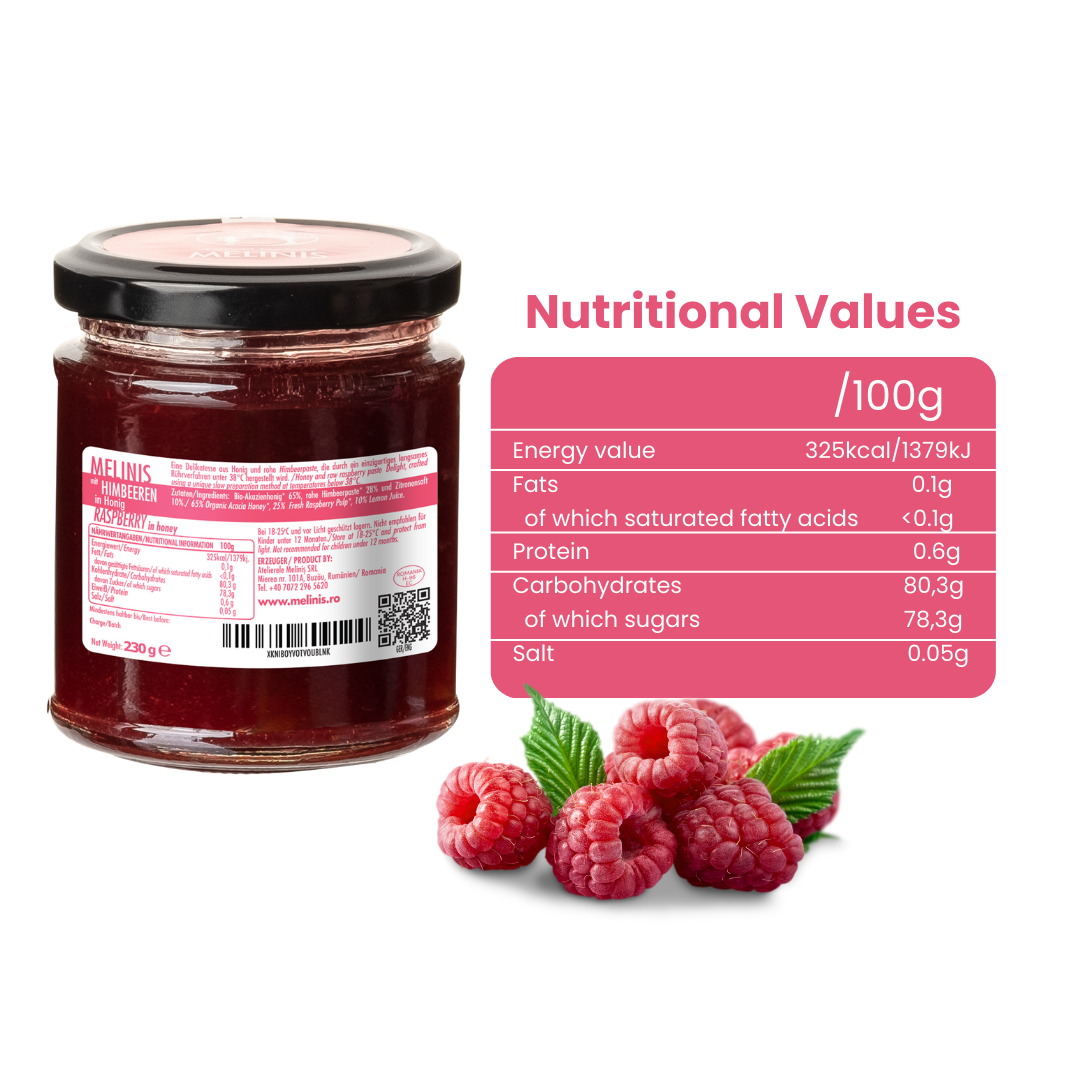Melinis Refreshing Raspberry – 230g | Raw Organic Acacia Honey with Fresh Raspberry Pulp | Exquisite Cold-Processed Gourmet Delight