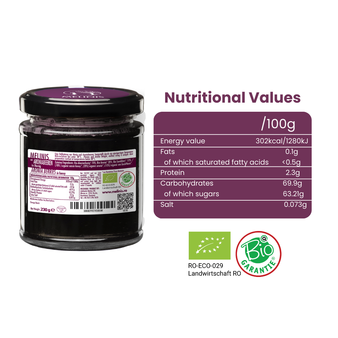 Melinis Aronia Cream – 230g | Raw and Organic Honey with Wild Aronia Berries | Unique Cold-Processed Spread