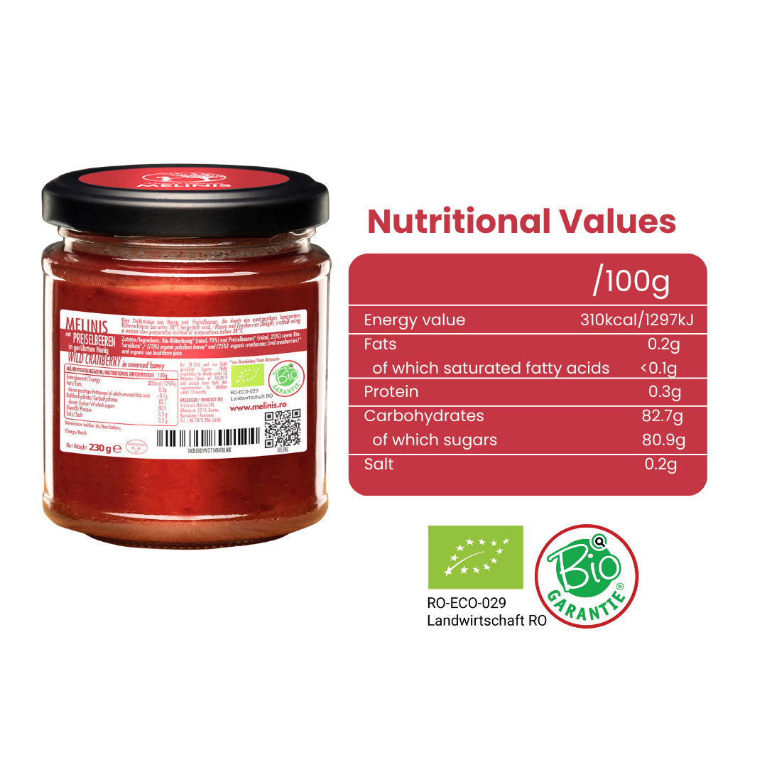 Melinis Cranberry Cream – 230g | Raw and Organic Honey with Wild Cranberries | Unique Cold-Processed Spread