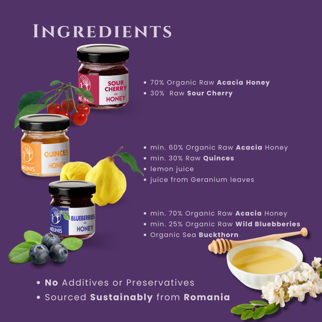 Tasting Set – Crunchy and Irresistible (Quince, Sour Cherries, and Blueberries) | 3 x 40g Jars