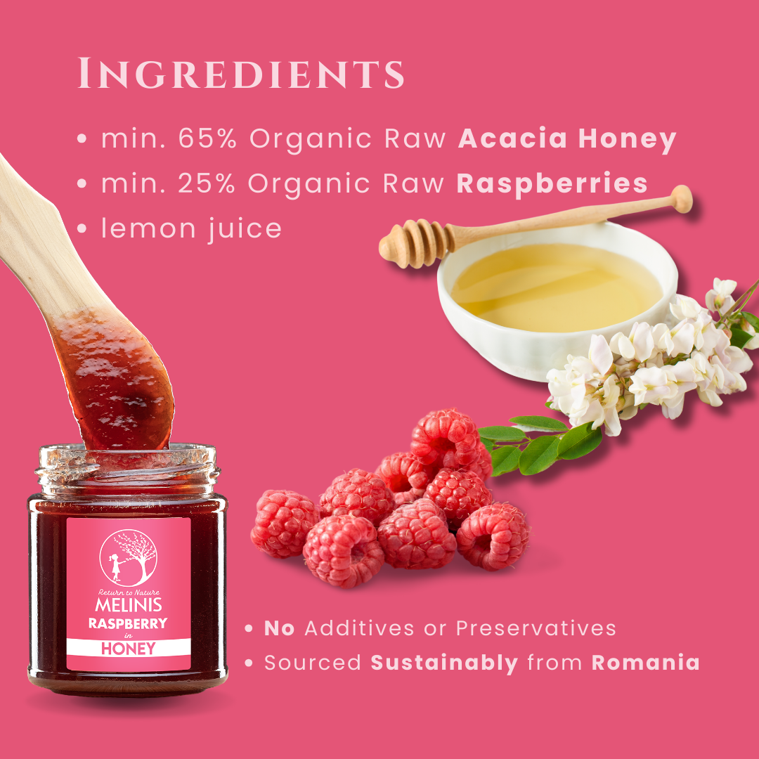 Melinis Refreshing Raspberry – 230g | Raw Organic Acacia Honey with Fresh Raspberry Pulp | Exquisite Cold-Processed Gourmet Delight