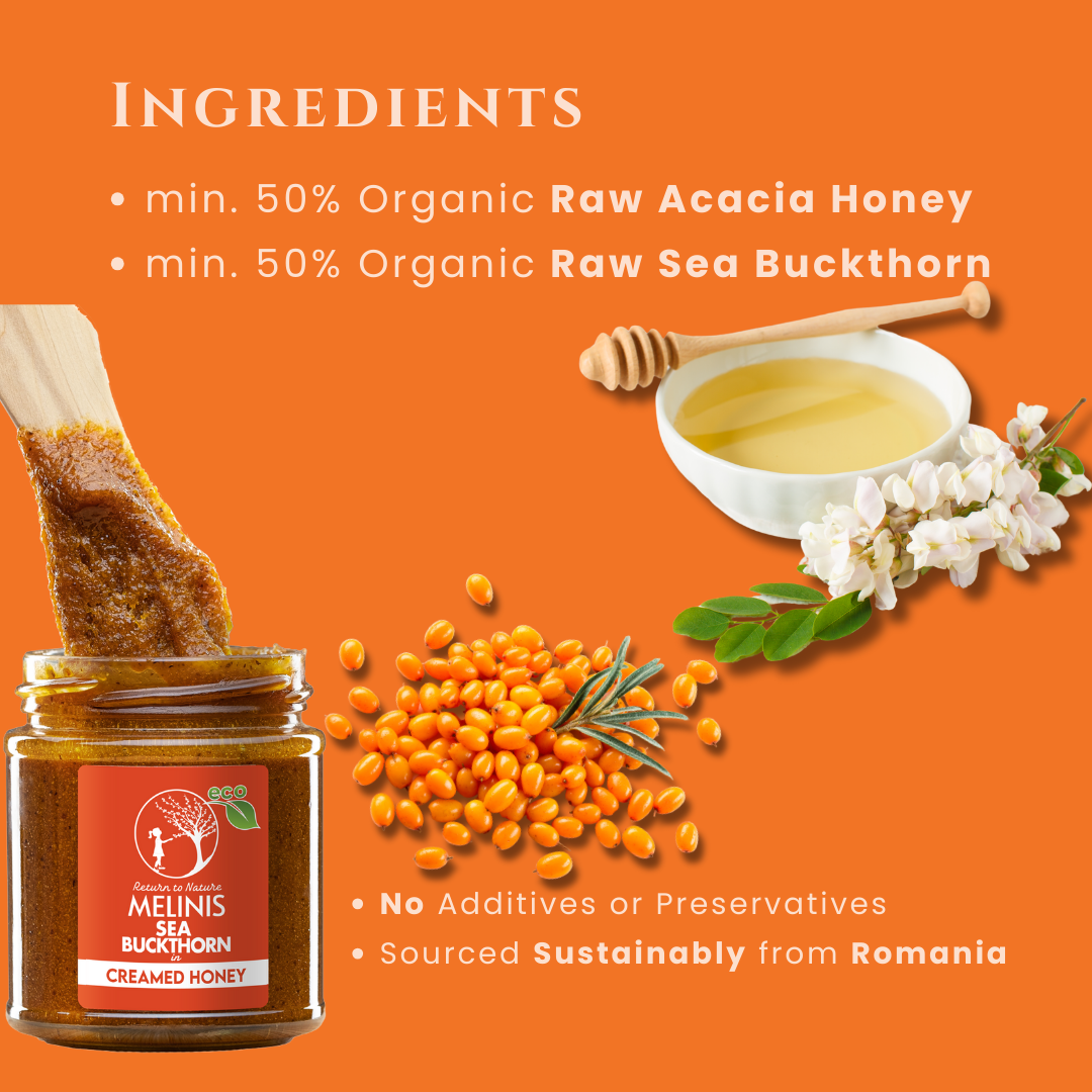 Melinis Sea Buckthorn Cream – 230g | Raw and Organic Honey with ECO Sea Buckthorn | Unique Cold-Processed Spread