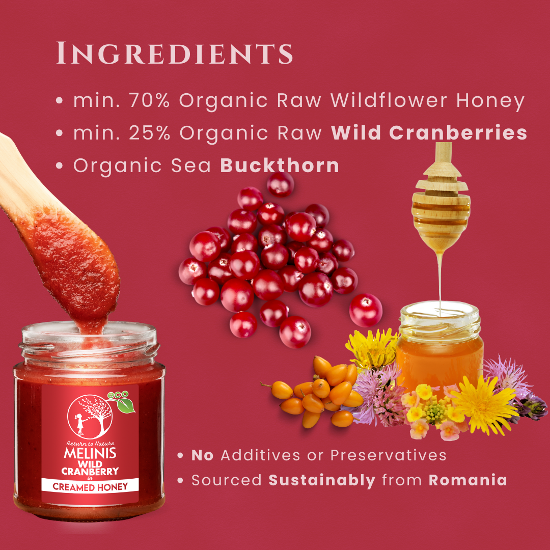 Melinis Cranberry Cream – 230g | Raw and Organic Honey with Wild Cranberries | Unique Cold-Processed Spread