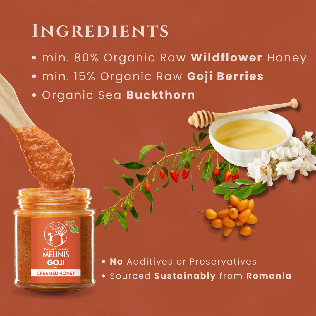 Melinis Goji Cream – 230g | Raw and Organic Honey with Organic Goji Berries | Unique Cold-Processed Spread