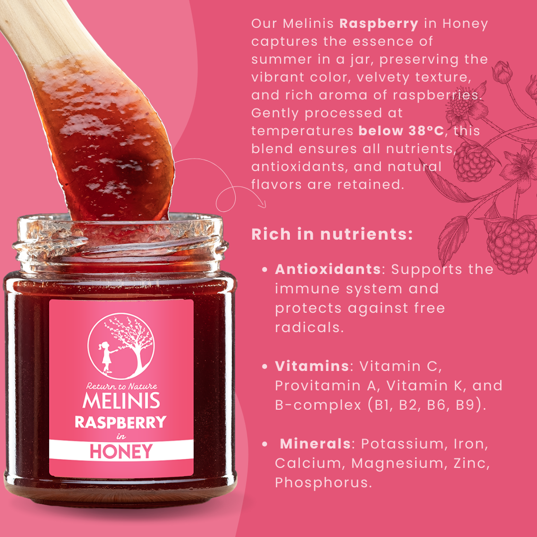Melinis Refreshing Raspberry – 230g | Raw Organic Acacia Honey with Fresh Raspberry Pulp | Exquisite Cold-Processed Gourmet Delight