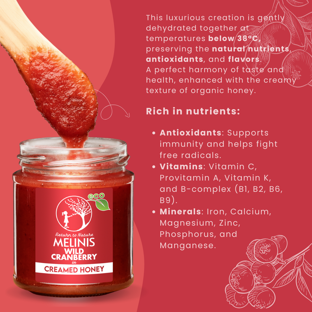 Melinis Cranberry Cream – 230g | Raw and Organic Honey with Wild Cranberries | Unique Cold-Processed Spread