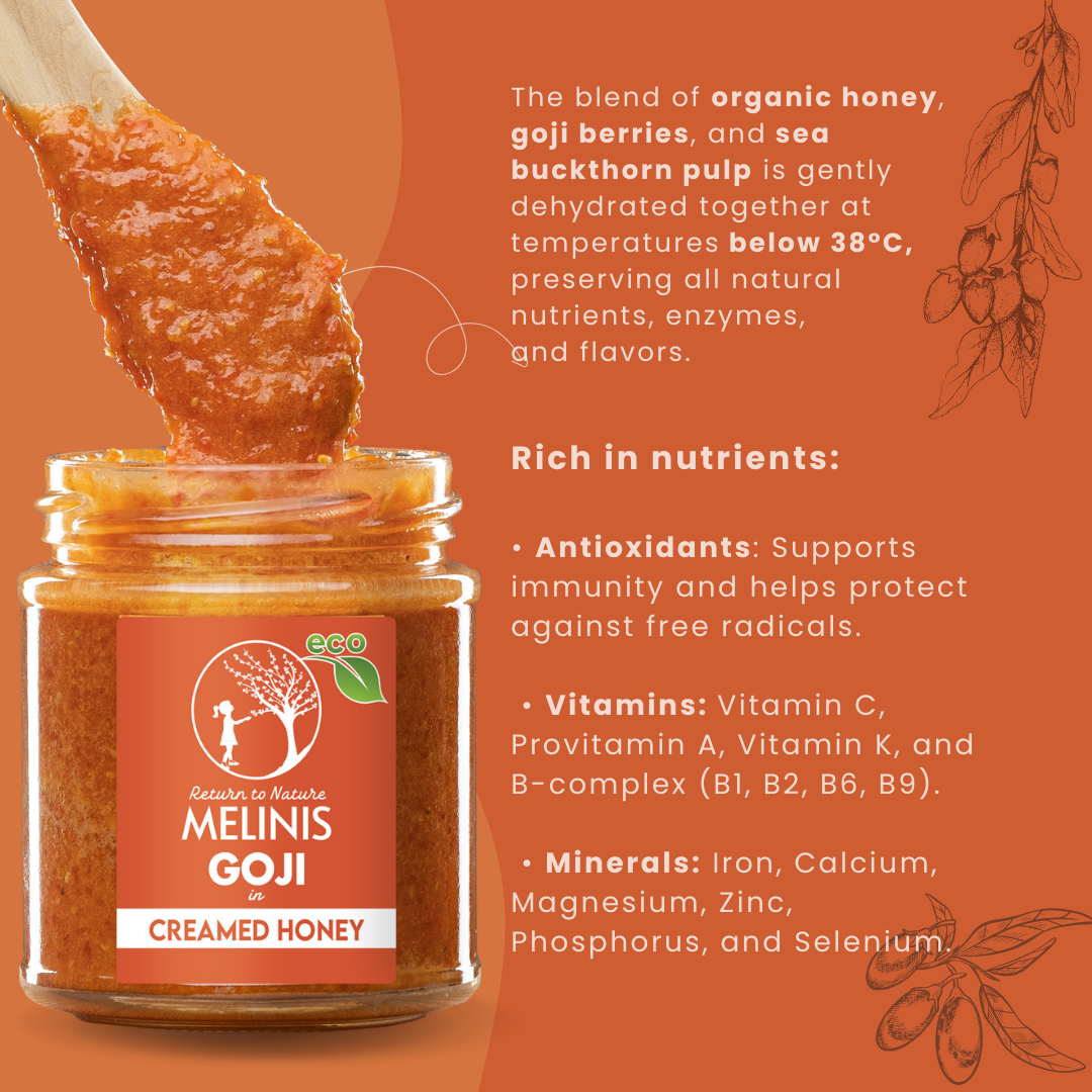 Melinis Goji Cream – 230g | Raw and Organic Honey with Organic Goji Berries | Unique Cold-Processed Spread