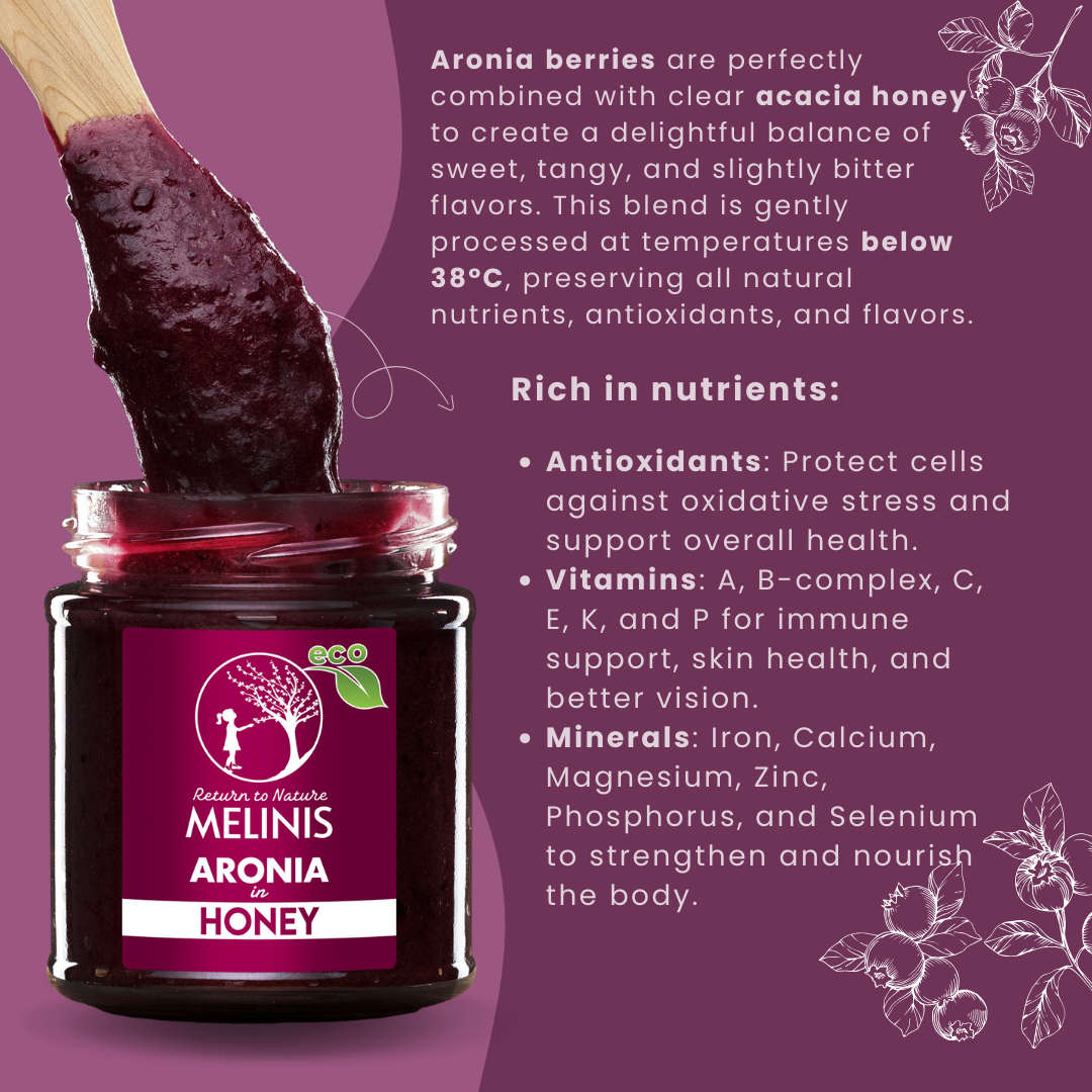 Melinis Aronia Cream – 230g | Raw and Organic Honey with Wild Aronia Berries | Unique Cold-Processed Spread