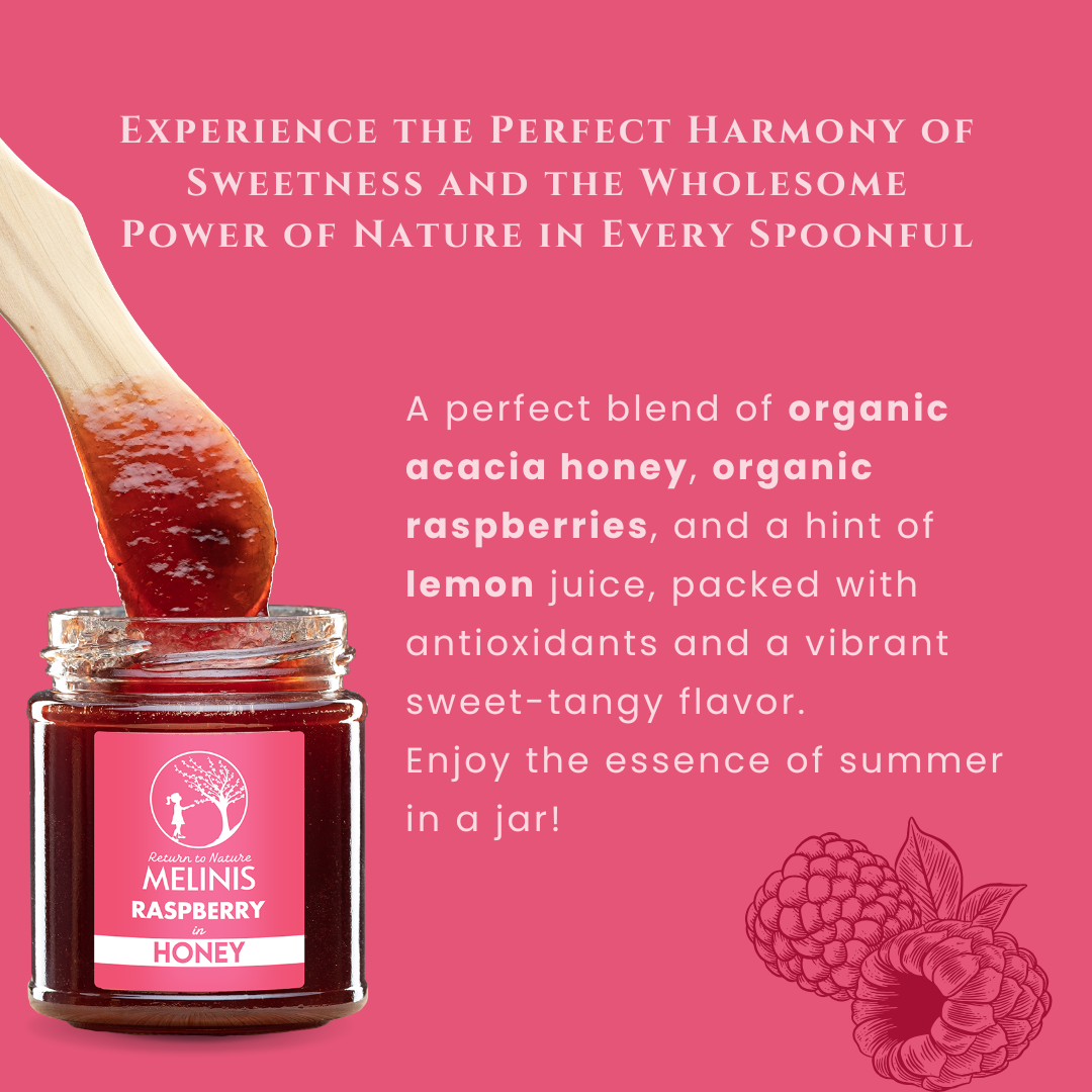 Melinis Refreshing Raspberry – 230g | Raw Organic Acacia Honey with Fresh Raspberry Pulp | Exquisite Cold-Processed Gourmet Delight