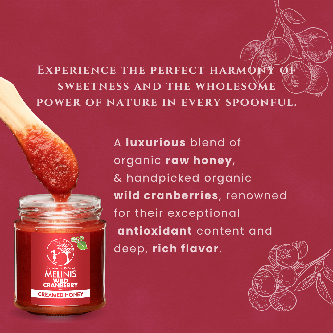 Melinis Cranberry Cream – 230g | Raw and Organic Honey with Wild Cranberries | Unique Cold-Processed Spread