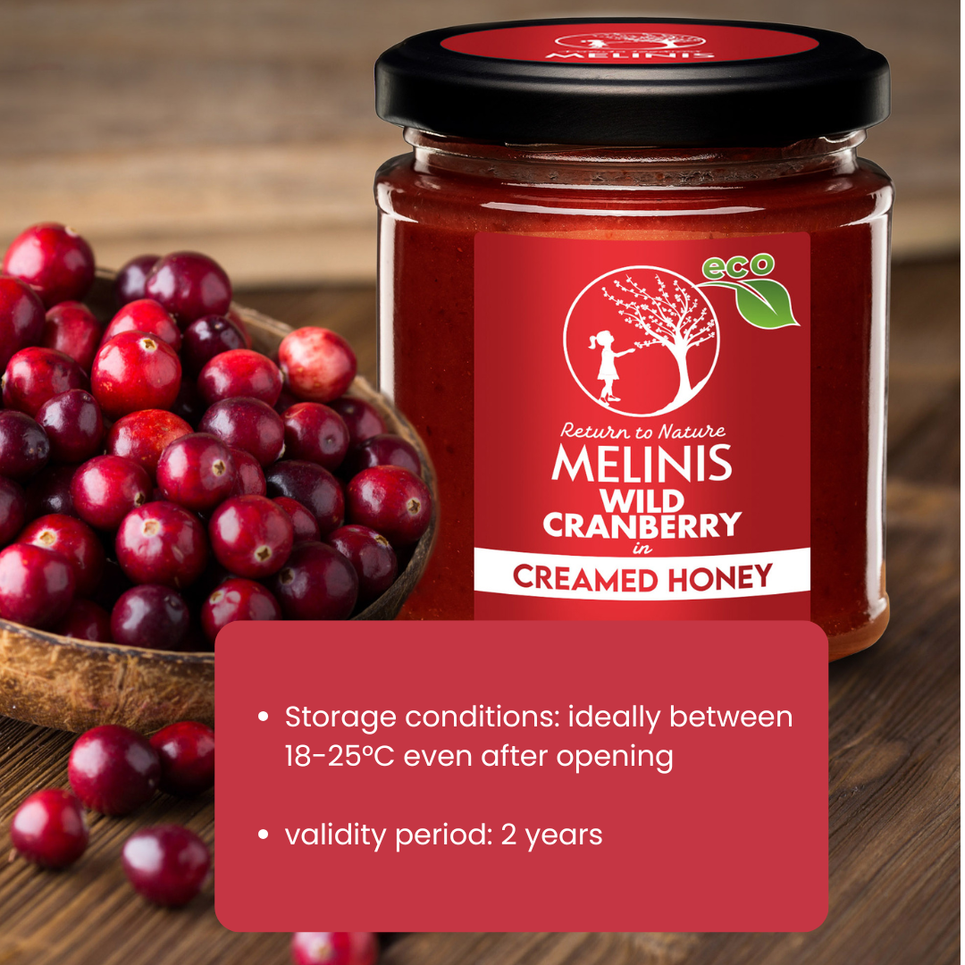Melinis Cranberry Cream – 230g | Raw and Organic Honey with Wild Cranberries | Unique Cold-Processed Spread