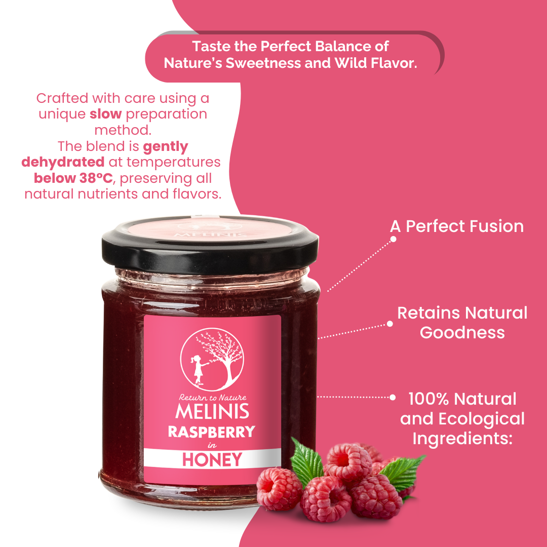 Melinis Refreshing Raspberry – 230g | Raw Organic Acacia Honey with Fresh Raspberry Pulp | Exquisite Cold-Processed Gourmet Delight