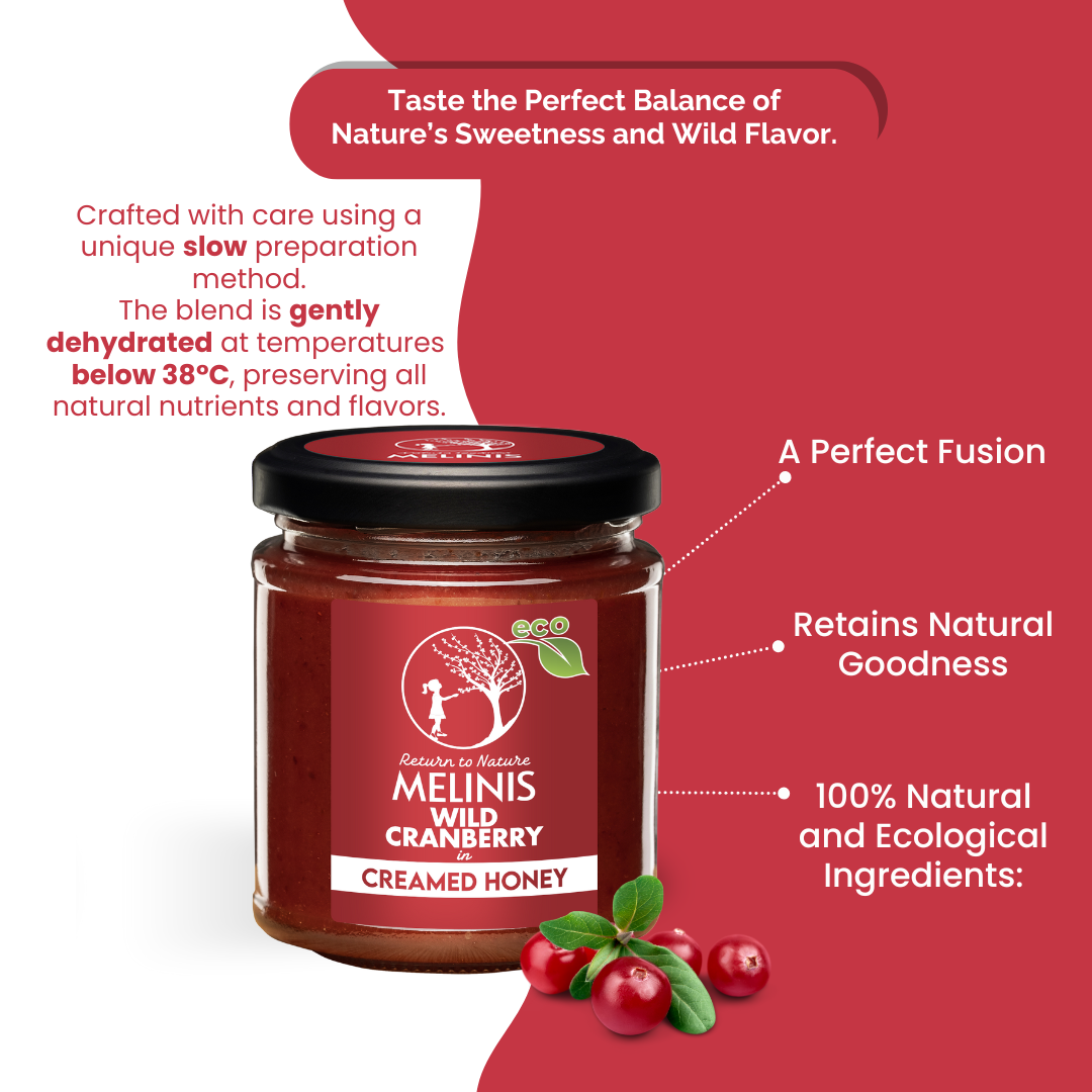Melinis Cranberry Cream – 230g | Raw and Organic Honey with Wild Cranberries | Unique Cold-Processed Spread