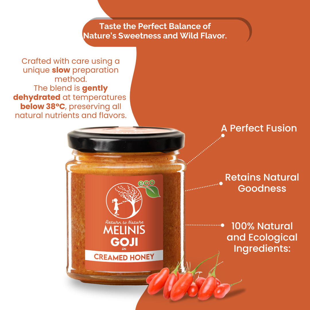 Melinis Goji Cream – 230g | Raw and Organic Honey with Organic Goji Berries | Unique Cold-Processed Spread